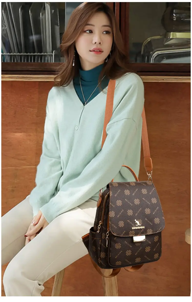 Women Printed Backpack Brown Leather Shoulder Travel School — feature 18