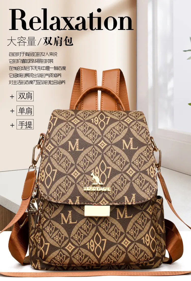 Women Printed Backpack Brown Leather Shoulder Travel School — feature 2