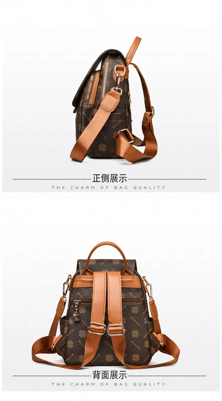Women Printed Backpack Brown Leather Shoulder Travel School — feature 20