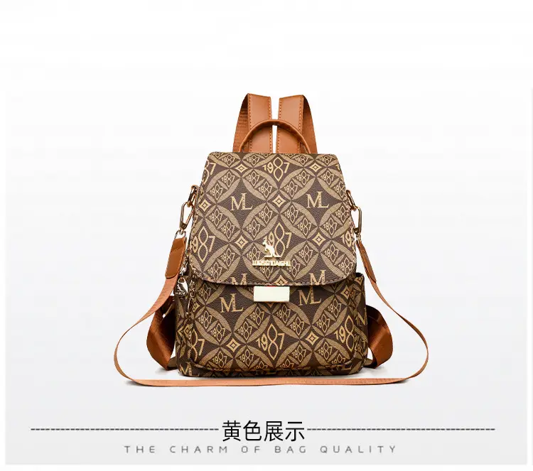 Women Printed Backpack Brown Leather Shoulder Travel School — feature 23