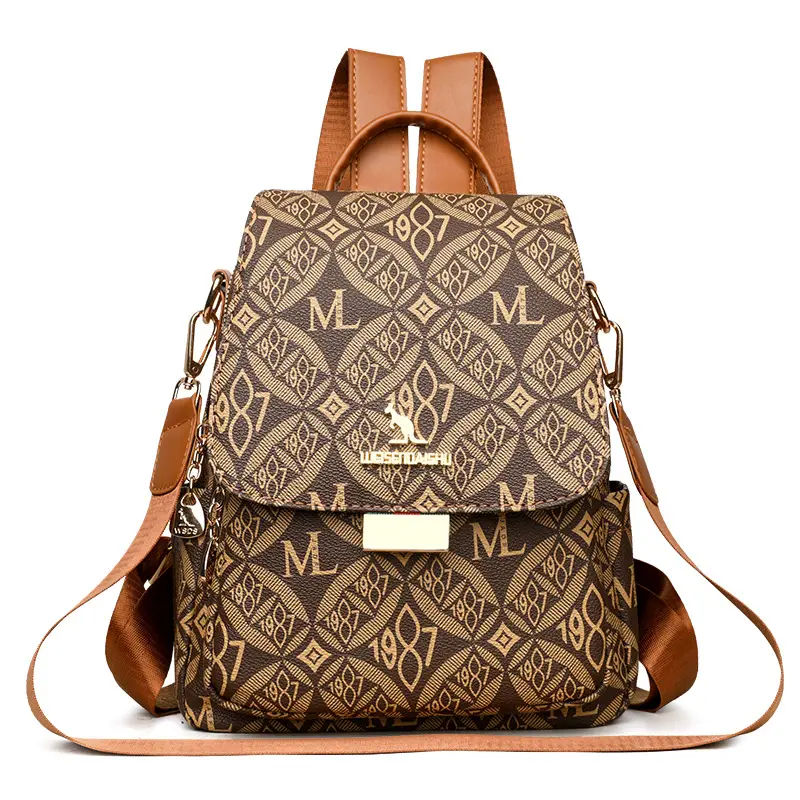Women Printed Backpack Brown Leather Shoulder Travel School