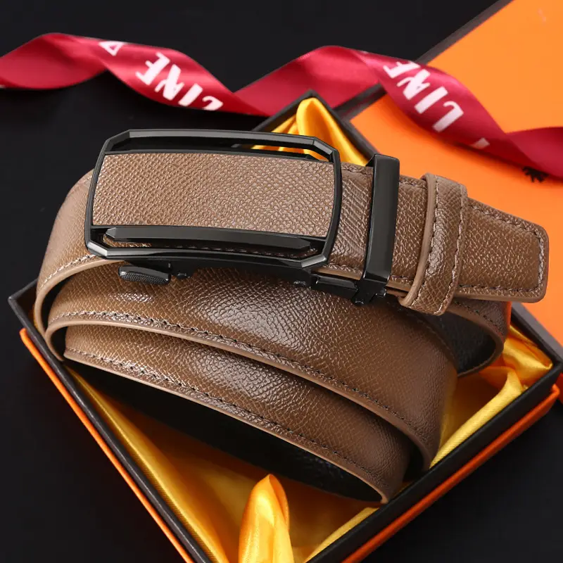Men's Automatic Buckle Belt Grey Leather Casual Business