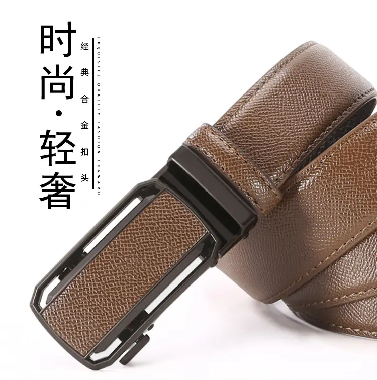 Men's Automatic Buckle Belt Grey Leather Casual Business — feature 1