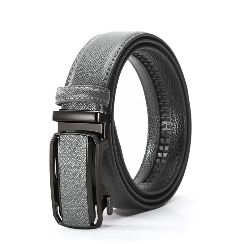 Men's Automatic Buckle Belt Grey Leather Casual Business — feature 10