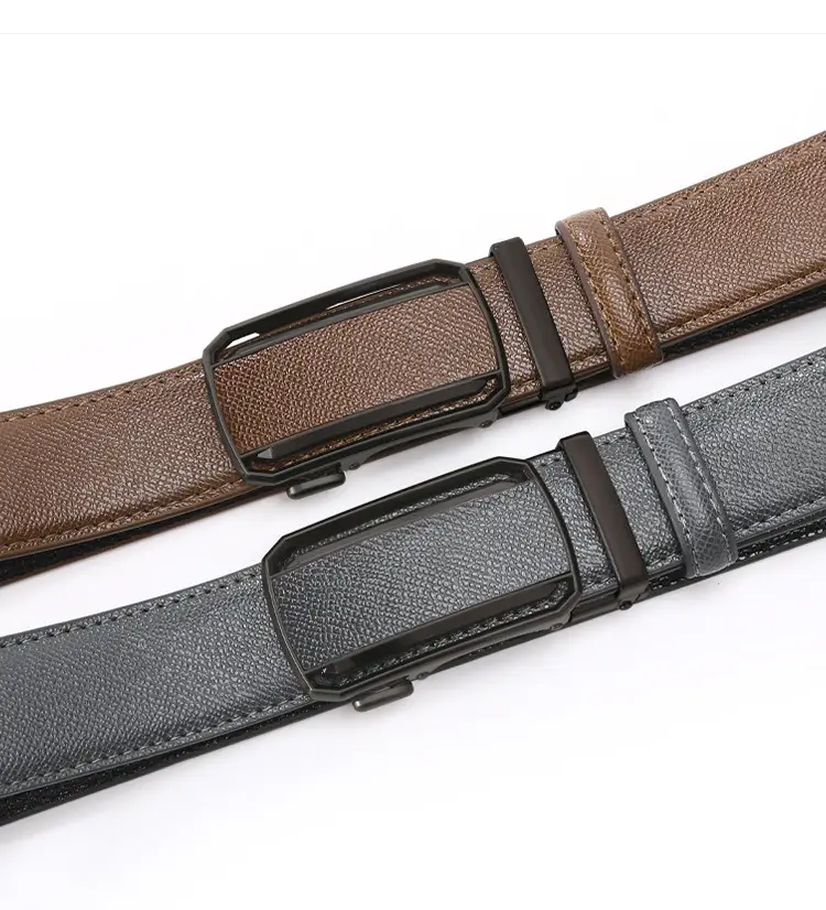 Men's Automatic Buckle Belt Grey Leather Casual Business — feature 2