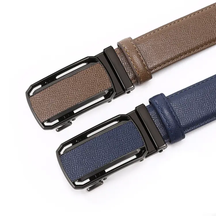 Men's Automatic Buckle Belt Grey Leather Casual Business — feature 3