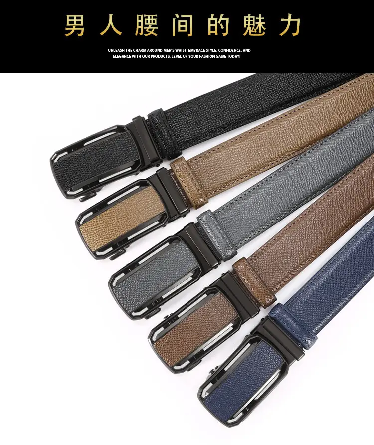 Men's Automatic Buckle Belt Grey Leather Casual Business — feature 7