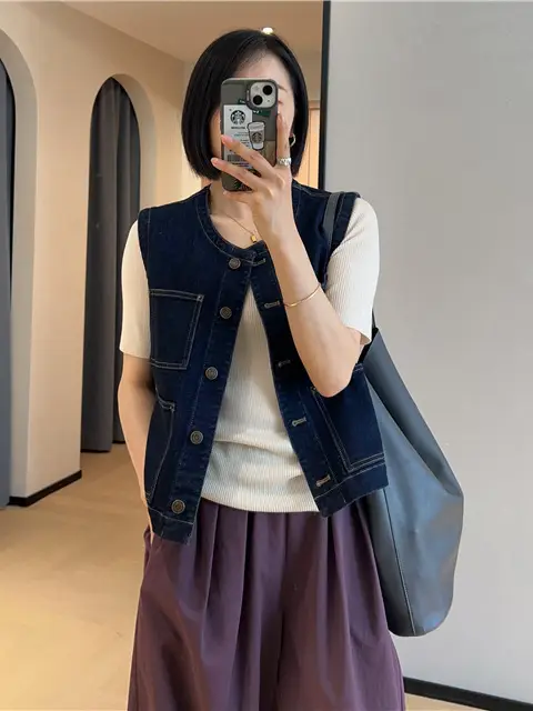 Women Dark Blue Denim Vest with 4 Pocket Design