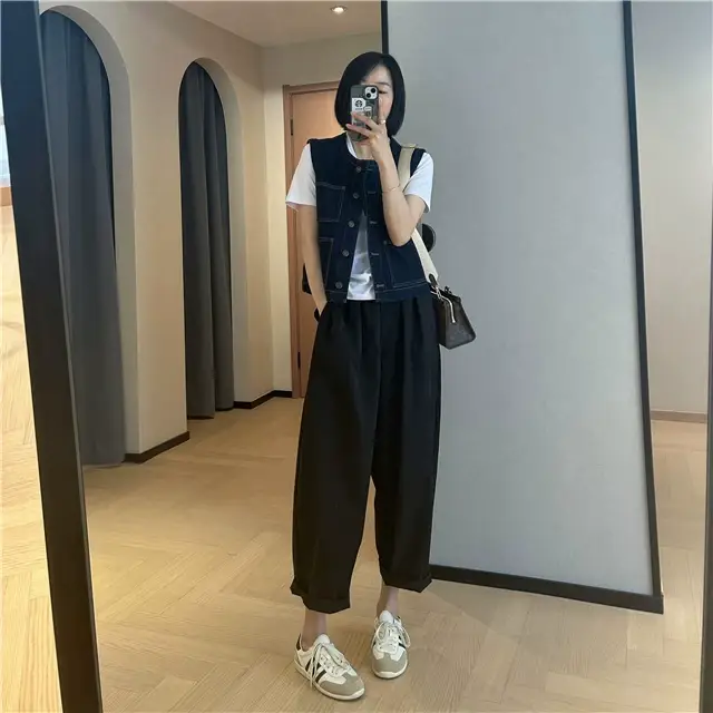 Women Dark Blue Denim Vest with 4 Pocket Design — feature 1
