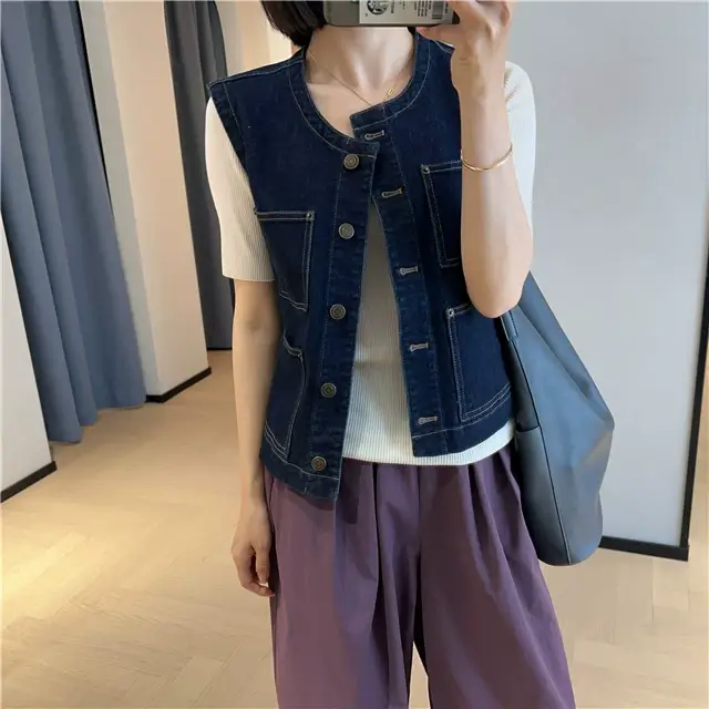 Women Dark Blue Denim Vest with 4 Pocket Design — feature 12