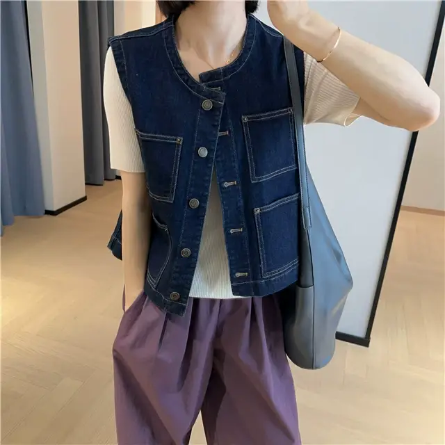 Women Dark Blue Denim Vest with 4 Pocket Design — feature 13
