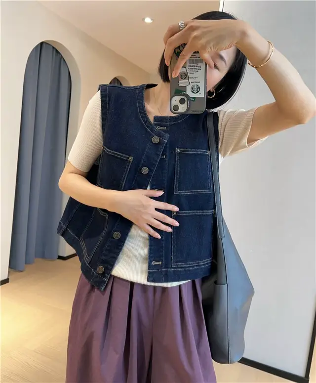 Women Dark Blue Denim Vest with 4 Pocket Design — feature 14