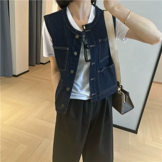 Women Dark Blue Denim Vest with 4 Pocket Design — feature 19
