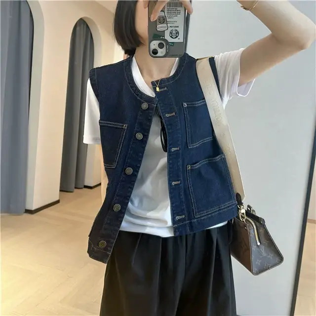 Women Dark Blue Denim Vest with 4 Pocket Design — feature 2