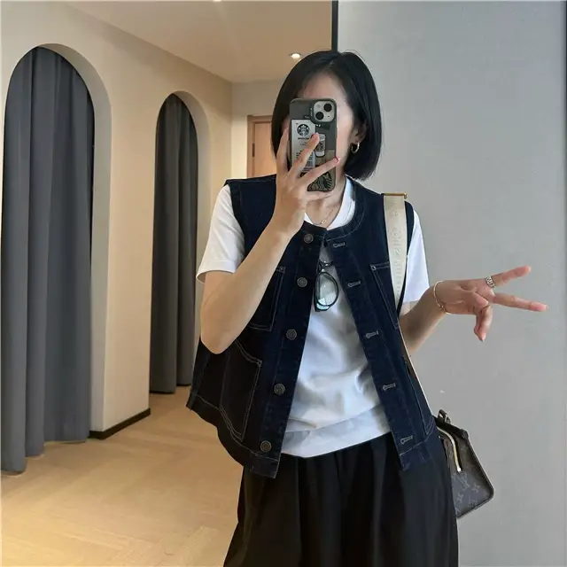 Women Dark Blue Denim Vest with 4 Pocket Design — feature 20