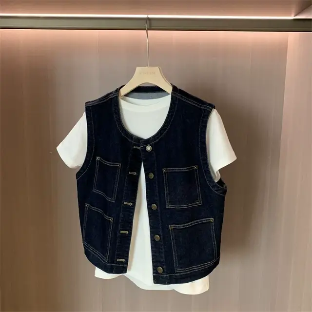 Women Dark Blue Denim Vest with 4 Pocket Design — feature 22