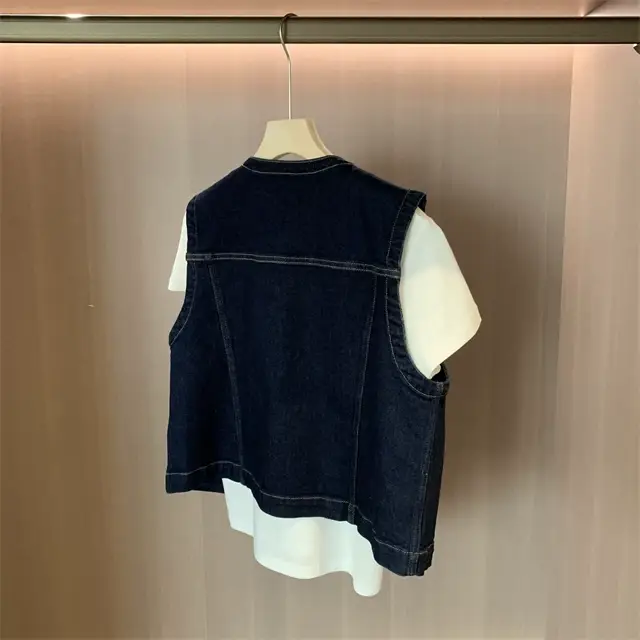 Women Dark Blue Denim Vest with 4 Pocket Design — feature 23