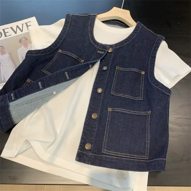 Women Dark Blue Denim Vest with 4 Pocket Design — feature 24