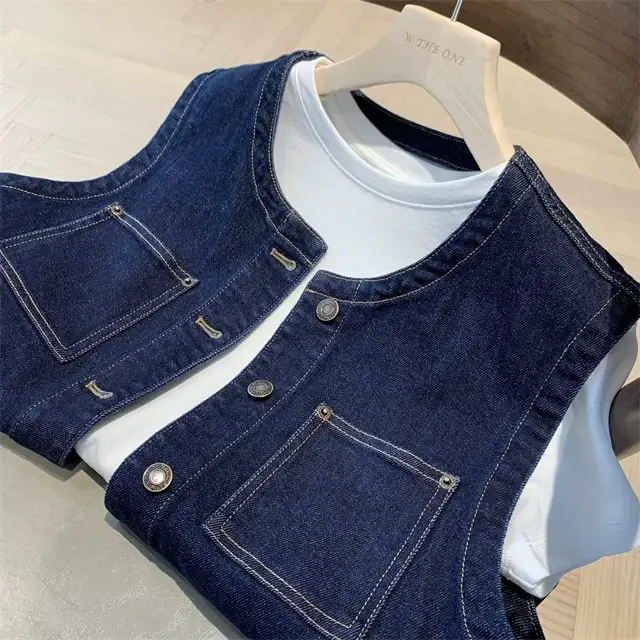 Women Dark Blue Denim Vest with 4 Pocket Design — feature 27
