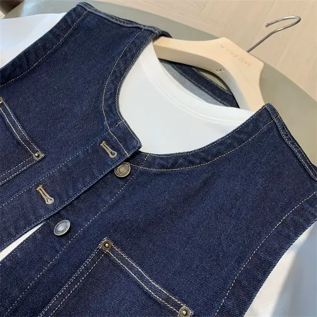 Women Dark Blue Denim Vest with 4 Pocket Design — feature 29