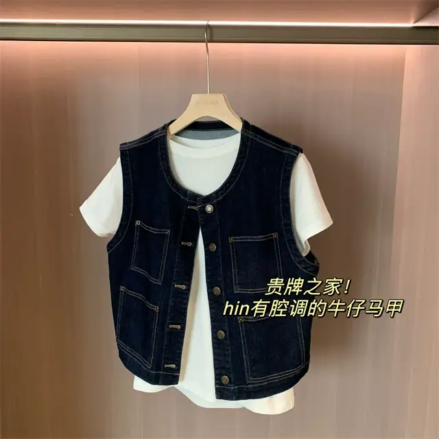 Women Dark Blue Denim Vest with 4 Pocket Design — feature 4