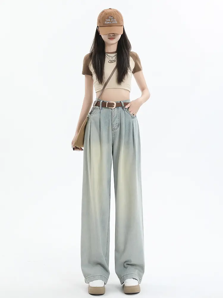Women's Dark Blue Pleated Wide Leg Pants 2024