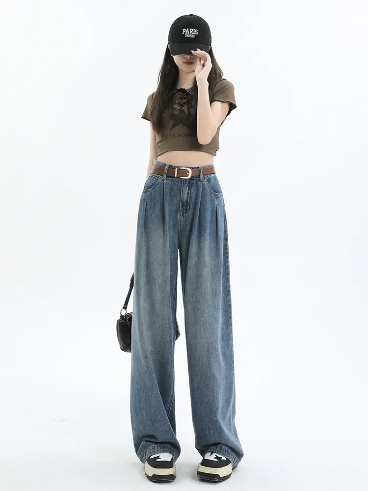 Women's Dark Blue Pleated Wide Leg Pants 2024