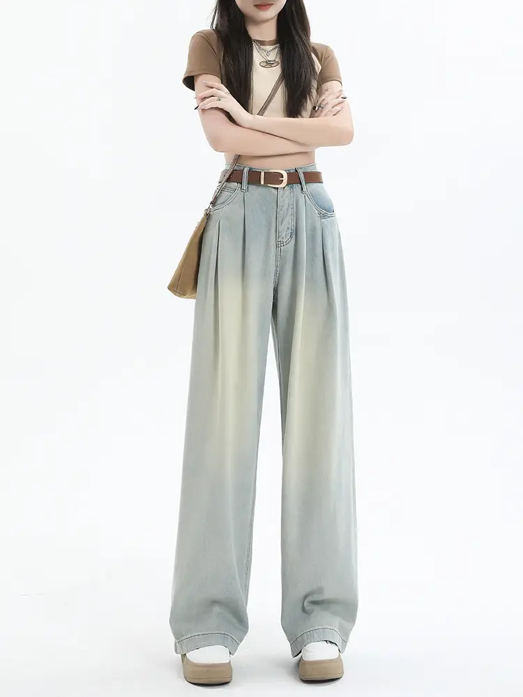 Women's Dark Blue Pleated Wide Leg Pants 2024