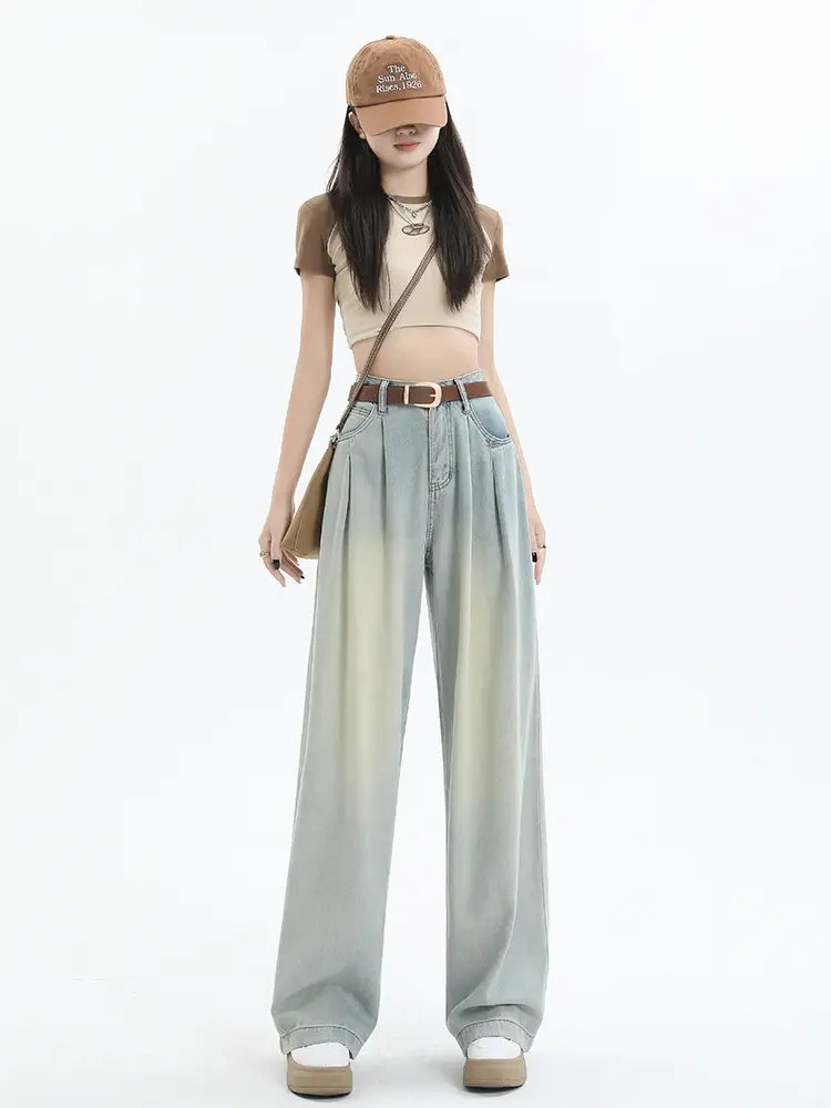 Women's Dark Blue Pleated Wide Leg Pants 2024