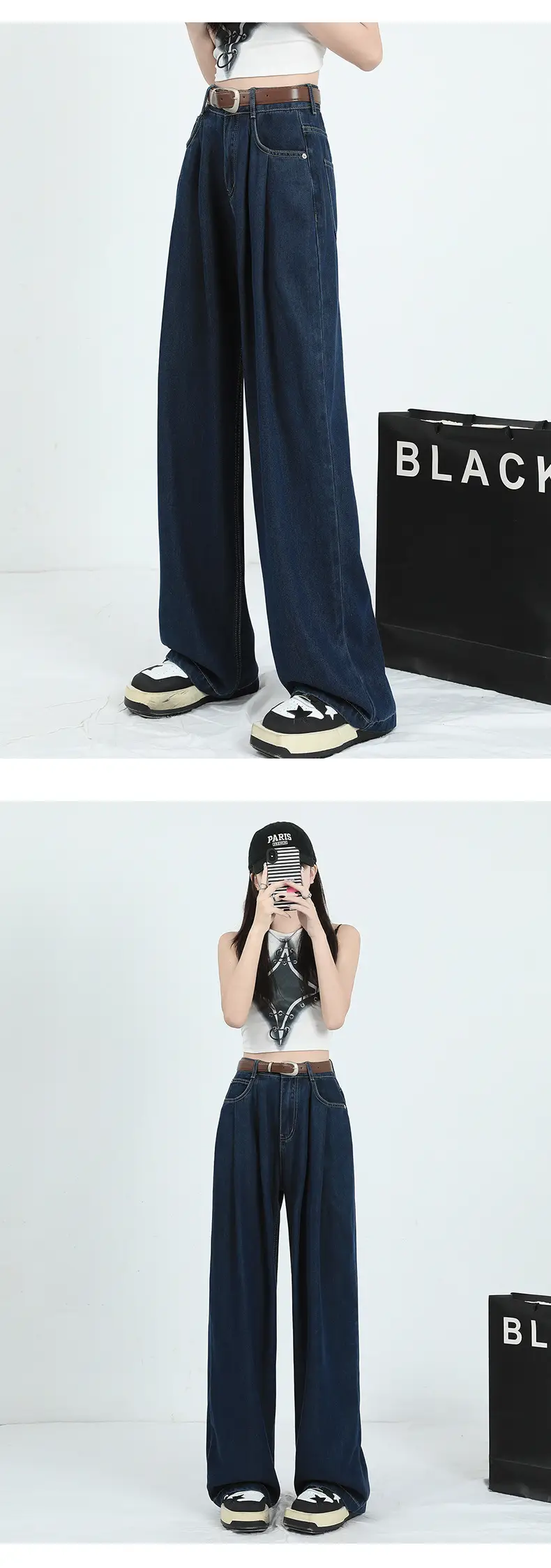 Women's Dark Blue Pleated Wide Leg Pants 2024 — feature 24