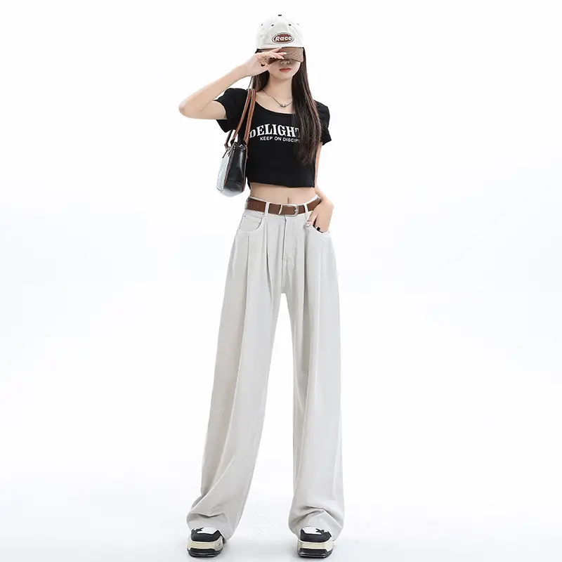 Women's Dark Blue Pleated Wide Leg Pants 2024