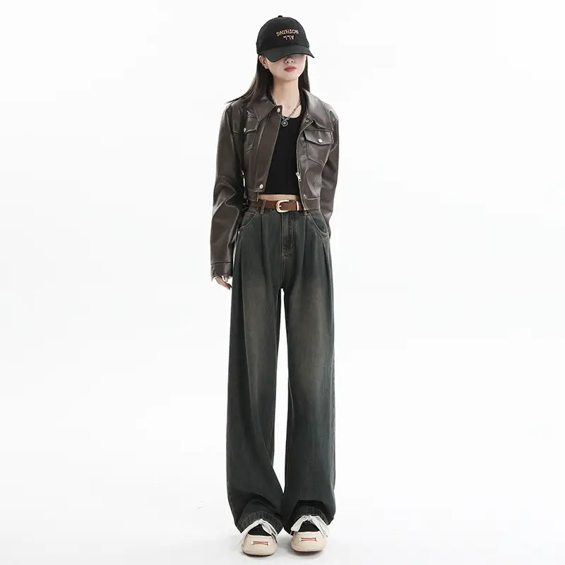 Women's Dark Blue Pleated Wide Leg Pants 2024