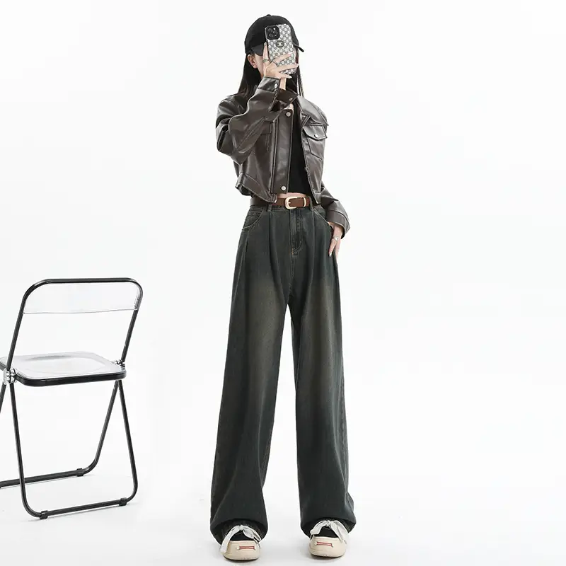 Women's Dark Blue Pleated Wide Leg Pants 2024