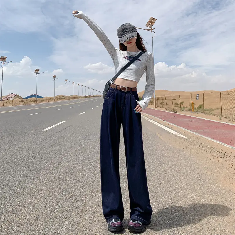 Women's Dark Blue Pleated Wide Leg Pants 2024