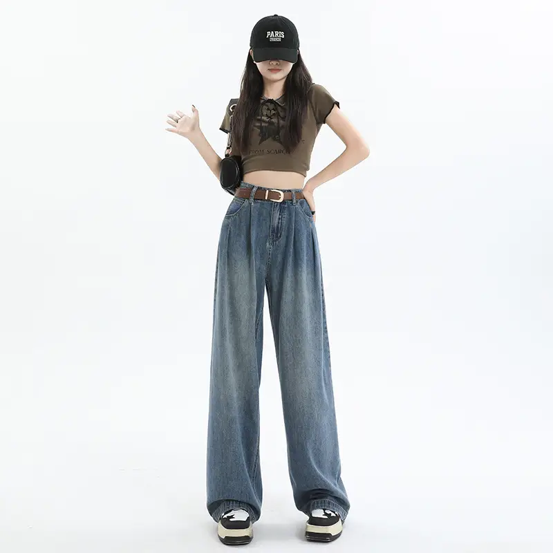 Women's Dark Blue Pleated Wide Leg Pants 2024
