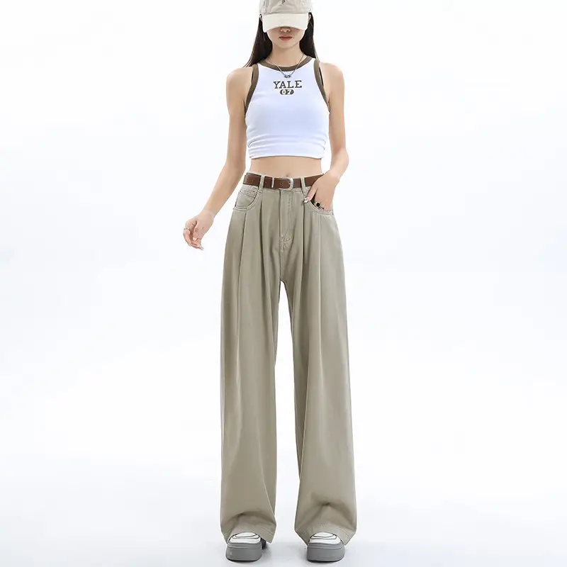 Women's Dark Blue Pleated Wide Leg Pants 2024