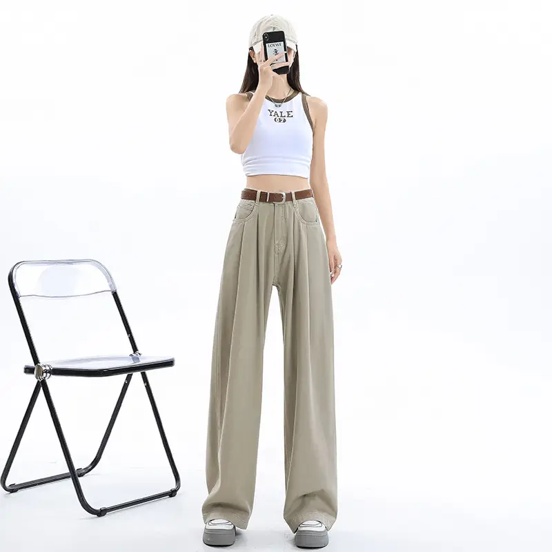 Women's Dark Blue Pleated Wide Leg Pants 2024