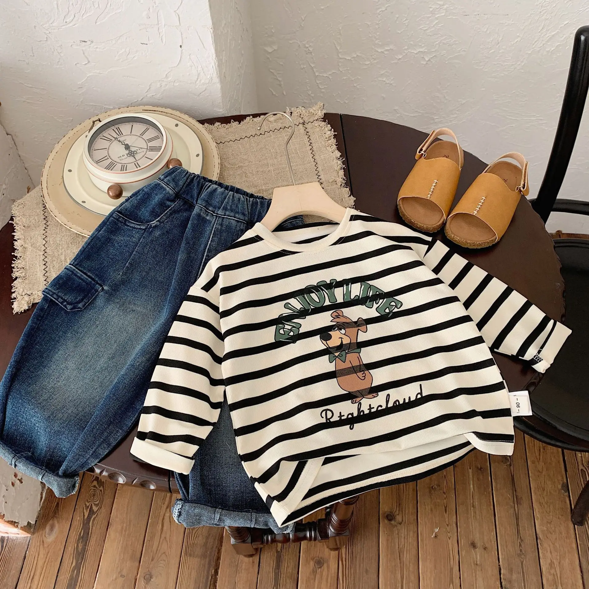 Kids Striped Long Sleeve T-Shirt Bear Print Korean Style