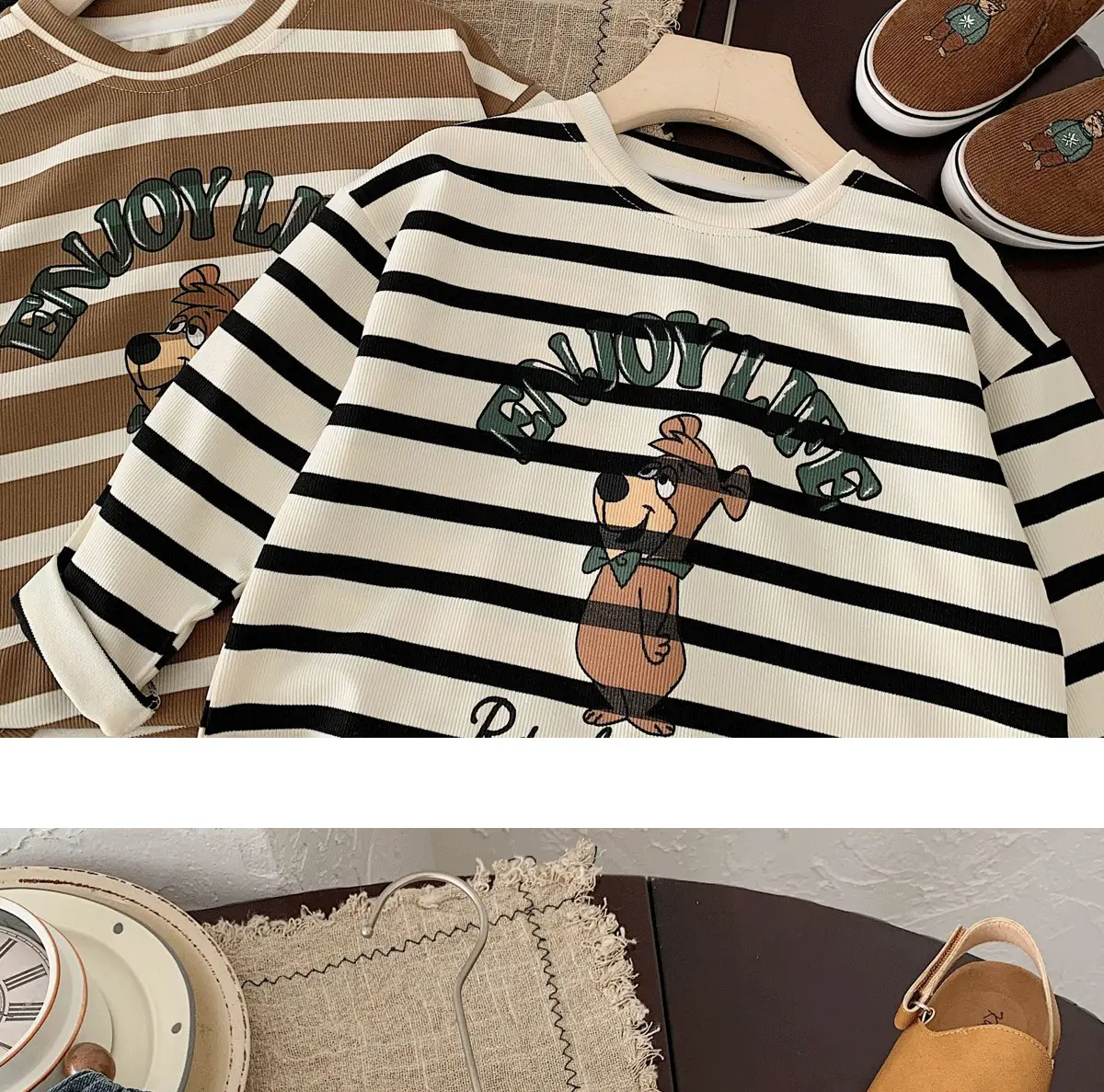 Kids Striped Long Sleeve T-Shirt Bear Print Korean Style — feature 11