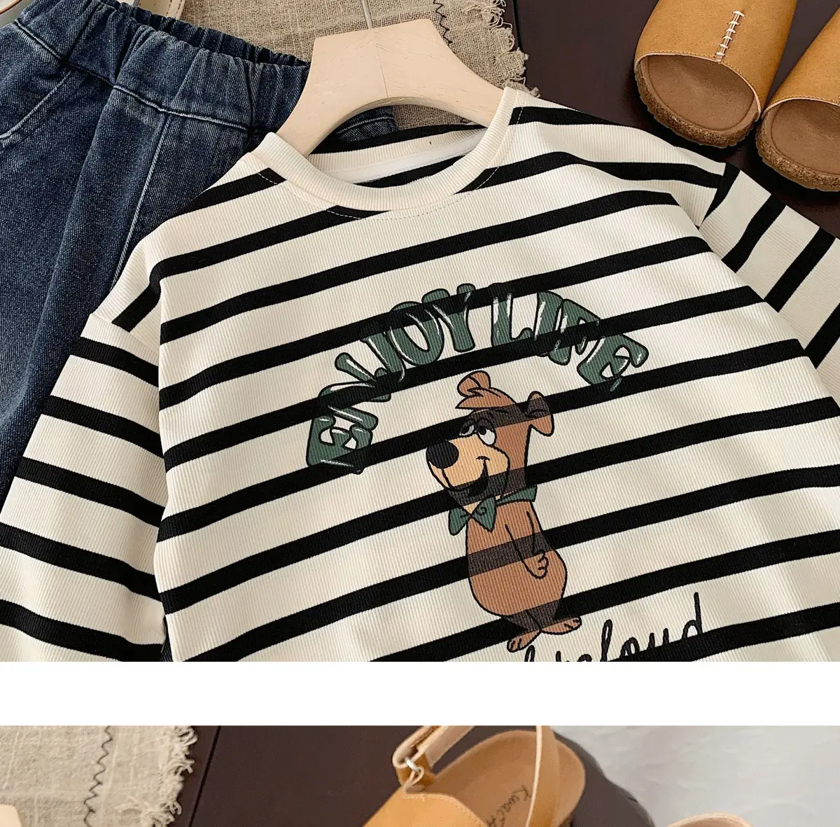 Kids Striped Long Sleeve T-Shirt Bear Print Korean Style — feature 12