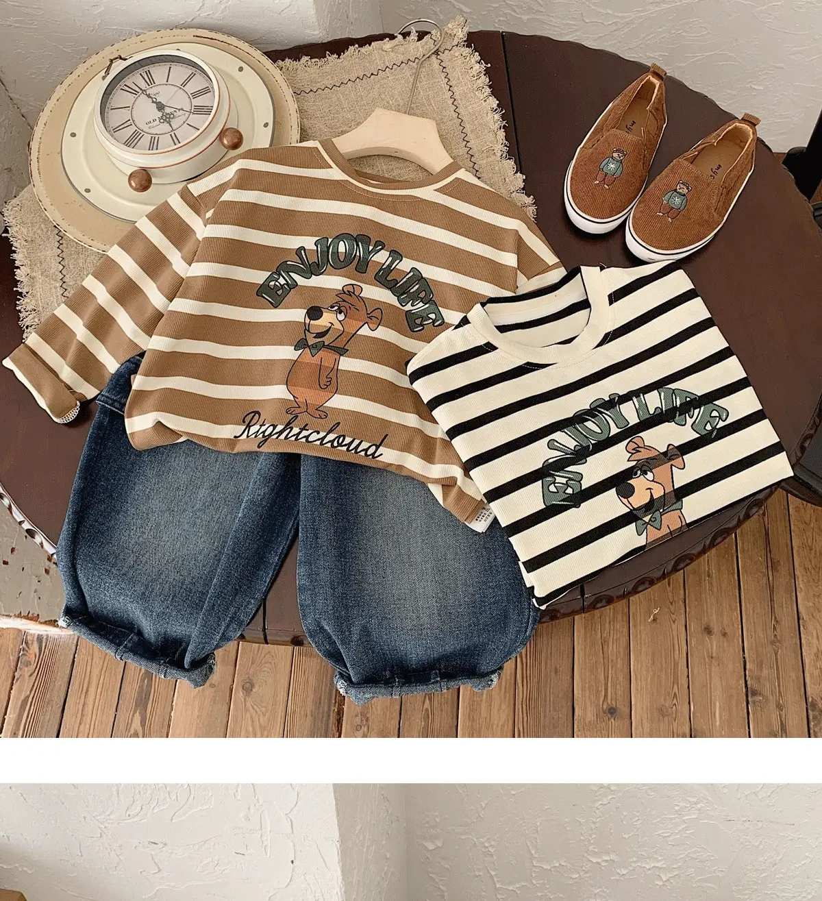 Kids Striped Long Sleeve T-Shirt Bear Print Korean Style — feature 6