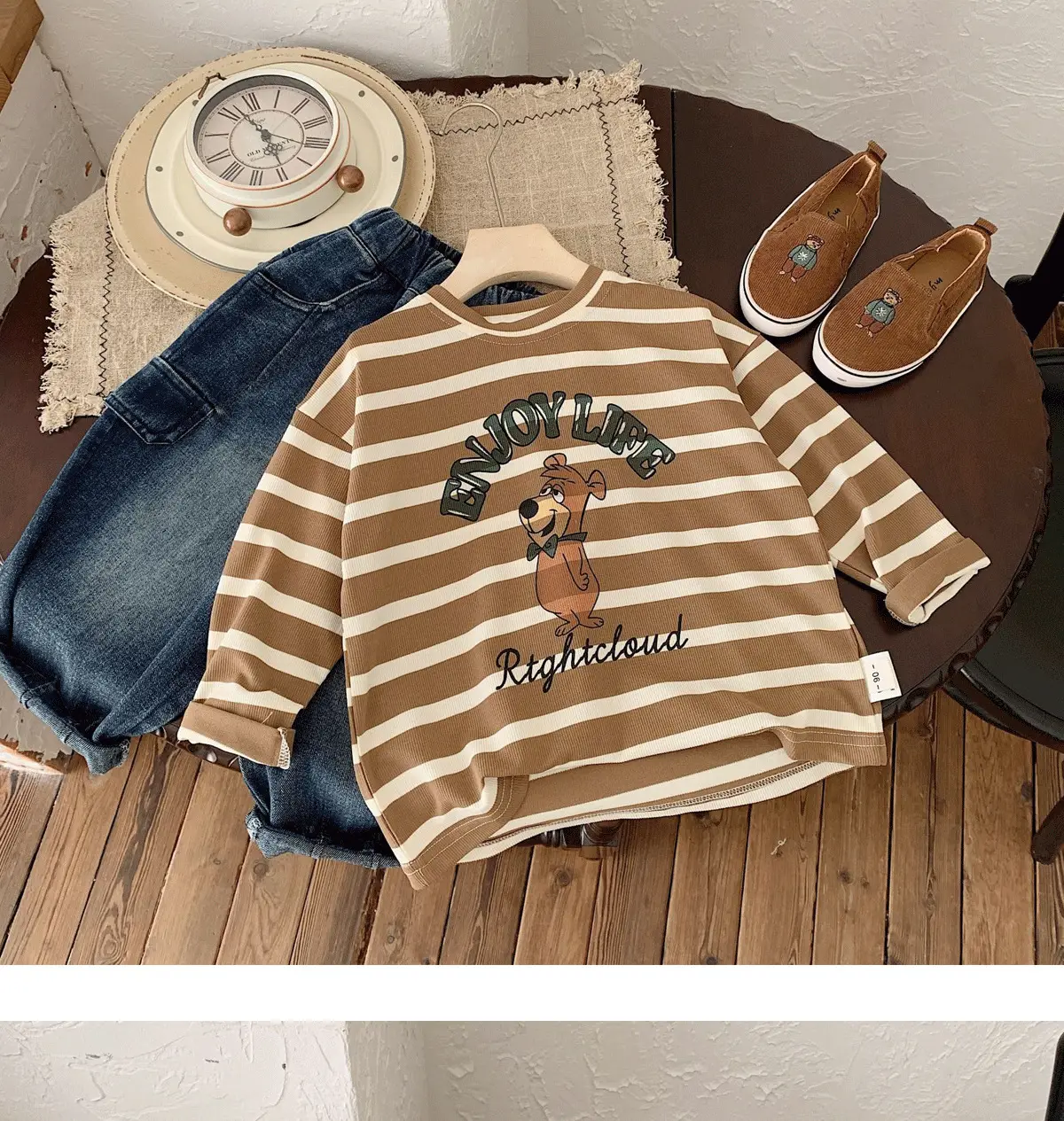 Kids Striped Long Sleeve T-Shirt Bear Print Korean Style — feature 7