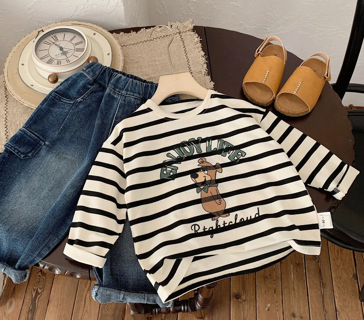 Kids Striped Long Sleeve T-Shirt Bear Print Korean Style — feature 8