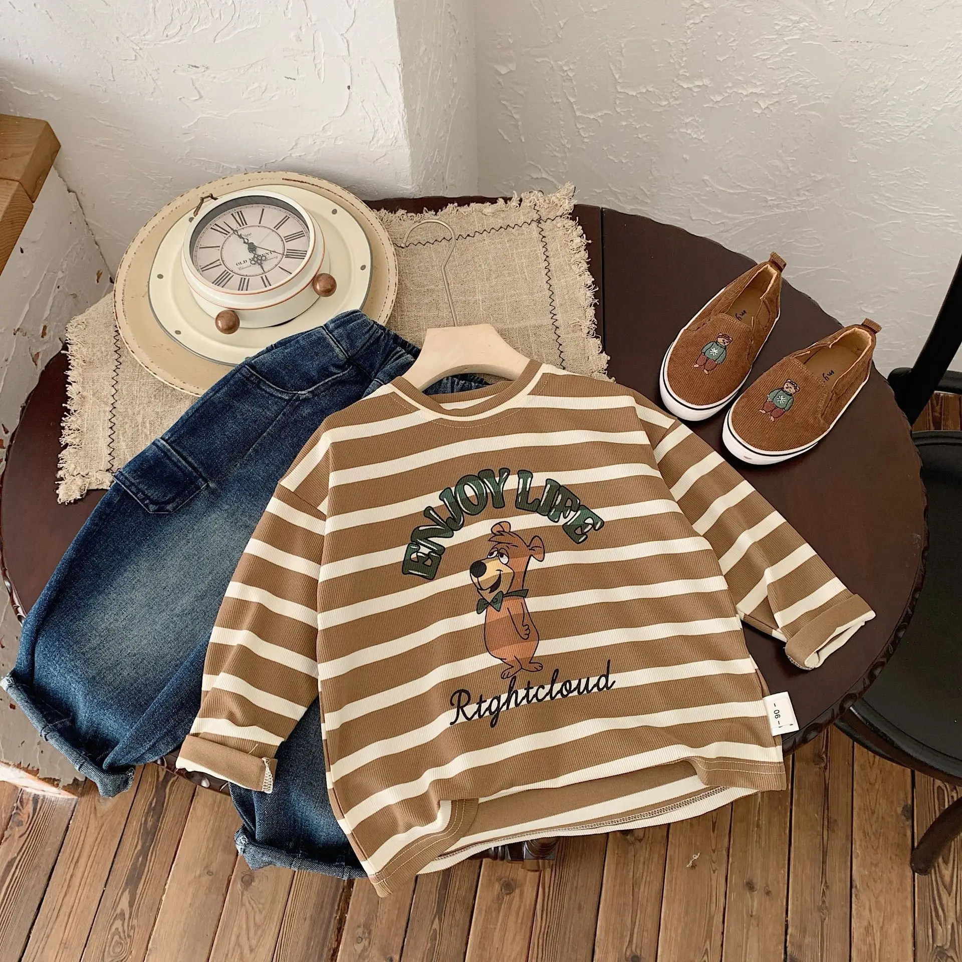 Kids Striped Long Sleeve T-Shirt Bear Print Korean Style