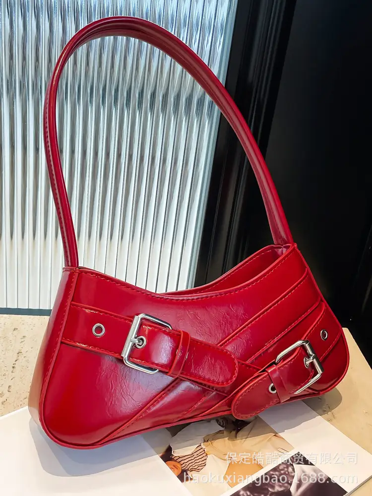 Red Women's Shoulder Bag with Buckle Strap