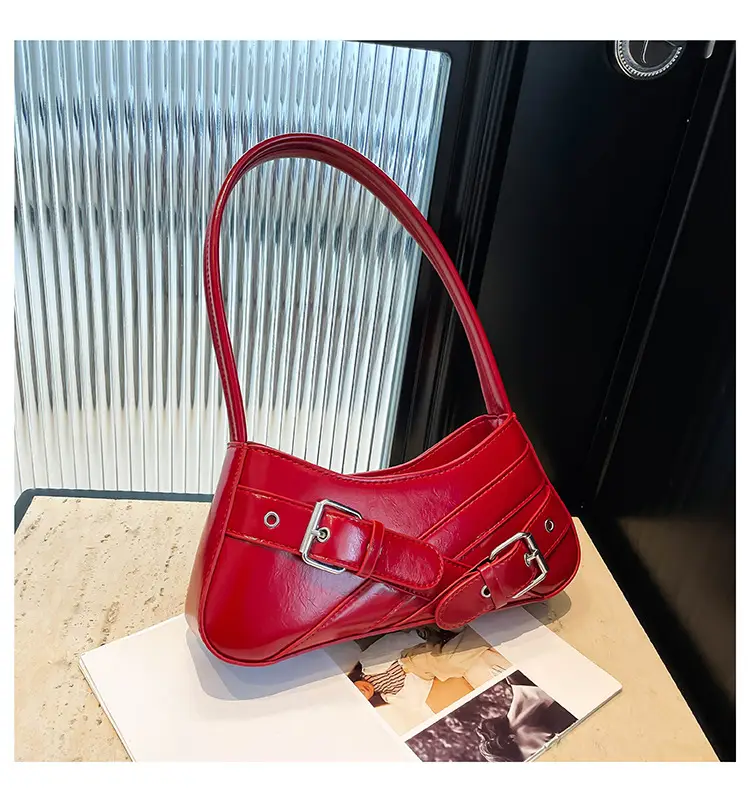 Red Women's Shoulder Bag with Buckle Strap — feature 16