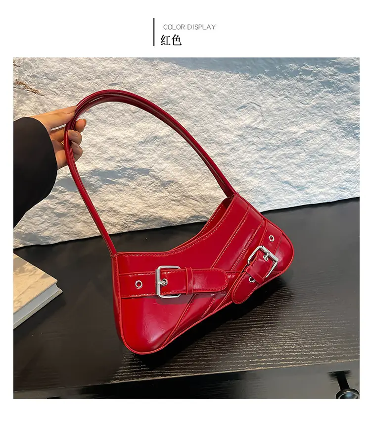 Red Women's Shoulder Bag with Buckle Strap — feature 17