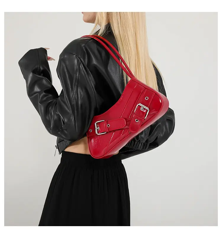 Red Women's Shoulder Bag with Buckle Strap — feature 24