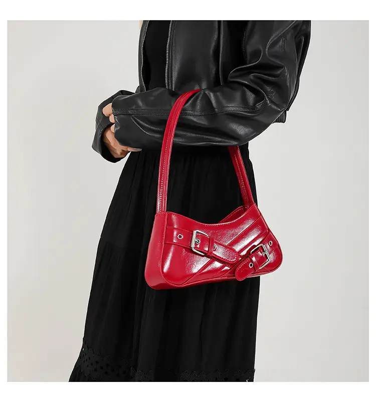 Red Women's Shoulder Bag with Buckle Strap — feature 25