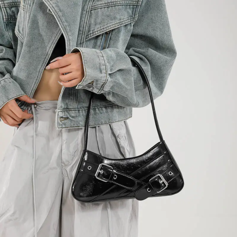 Red Women's Shoulder Bag with Buckle Strap